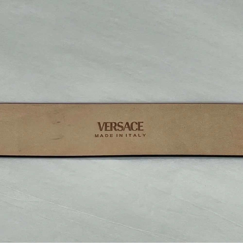 VERSACE Virtus Crystal Buckle Leather Belt - Purple gold tone logo plaque